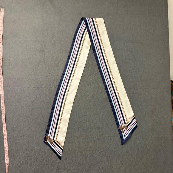 Talbots Women's Scarf Shawl Silk Cream Blue Chain Stripe Print Equestrian - Picture 6 of 7